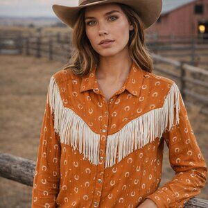 Idyllwind by Miranda Lambert Shirt Western Womens XL Orange Fringed Horseshoe